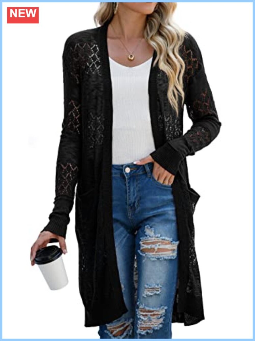 Lightweight Crochet Knit Long Cardigan Open Front Beach Coverup